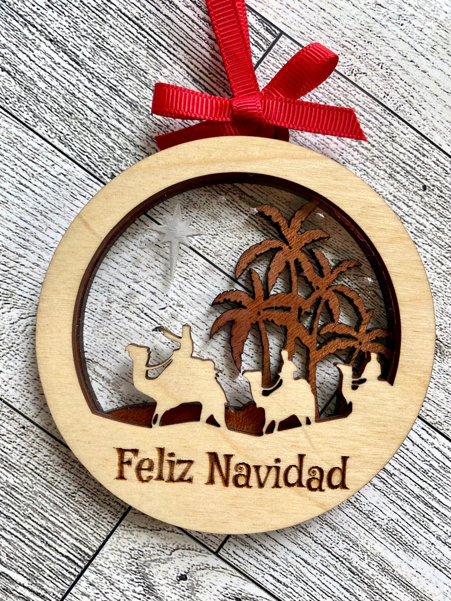 Three Kings layered Wood and acrylic Ornament: Nativity Scene, Puerto Rico Art