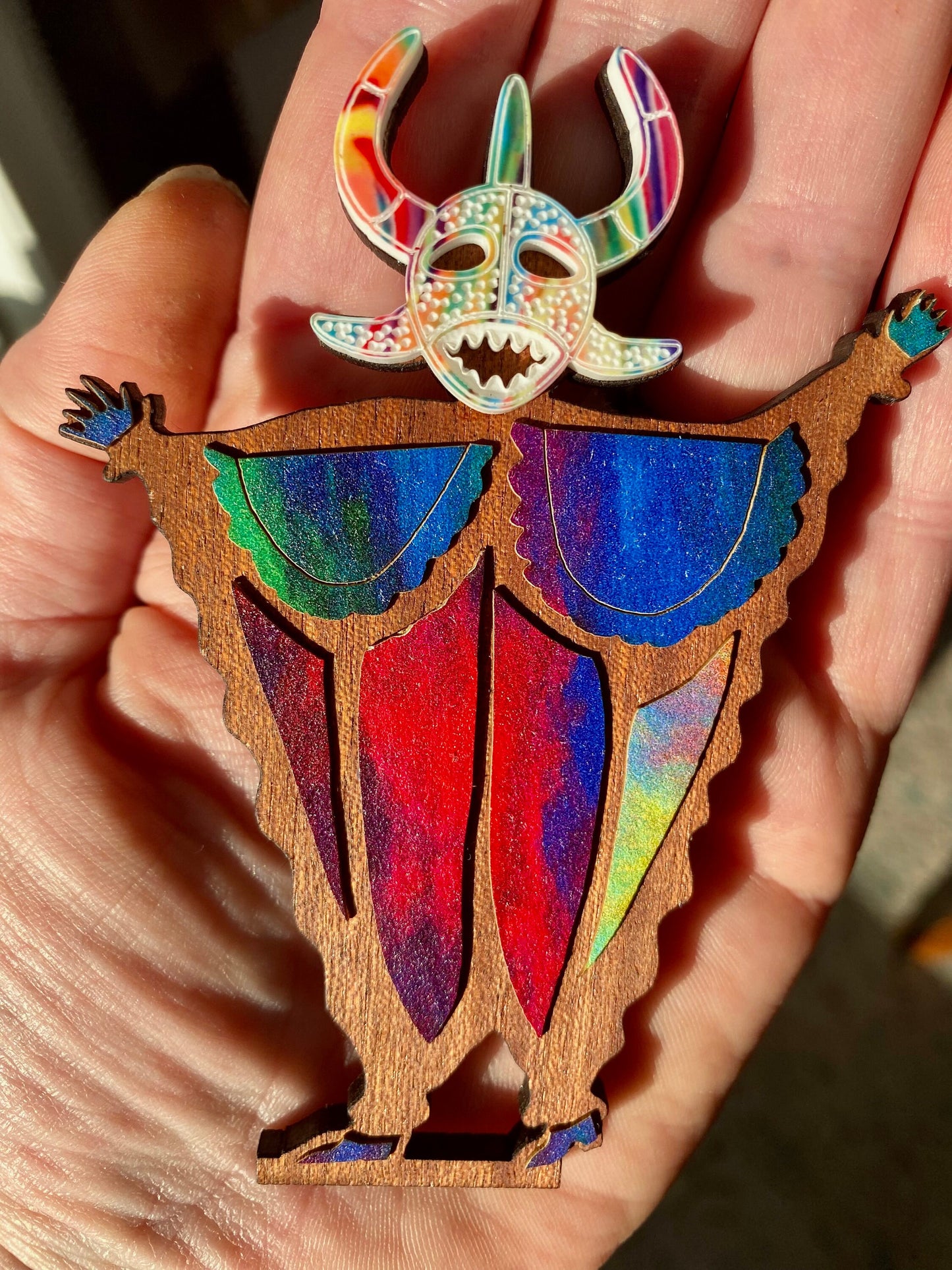 Tiny Vejigante Figurine: Colorful Puerto Rican Carnival wood Statue, shelf sitter, desk art