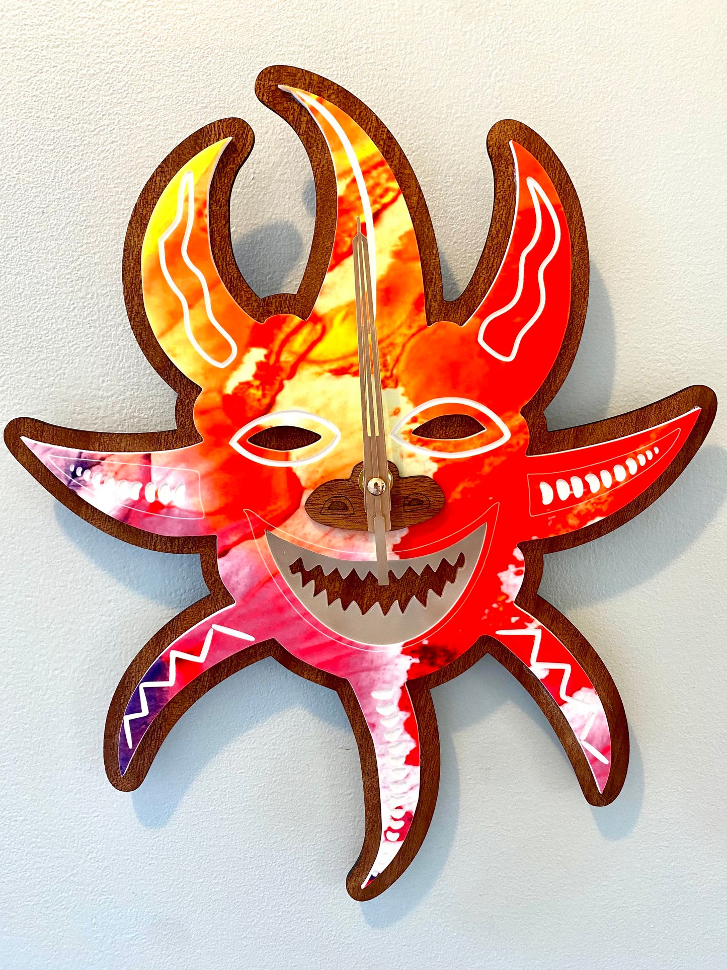 Vejigante Mask Wall Clock: Puerto Rican Art, Sapele Wood, Glow Teeth
