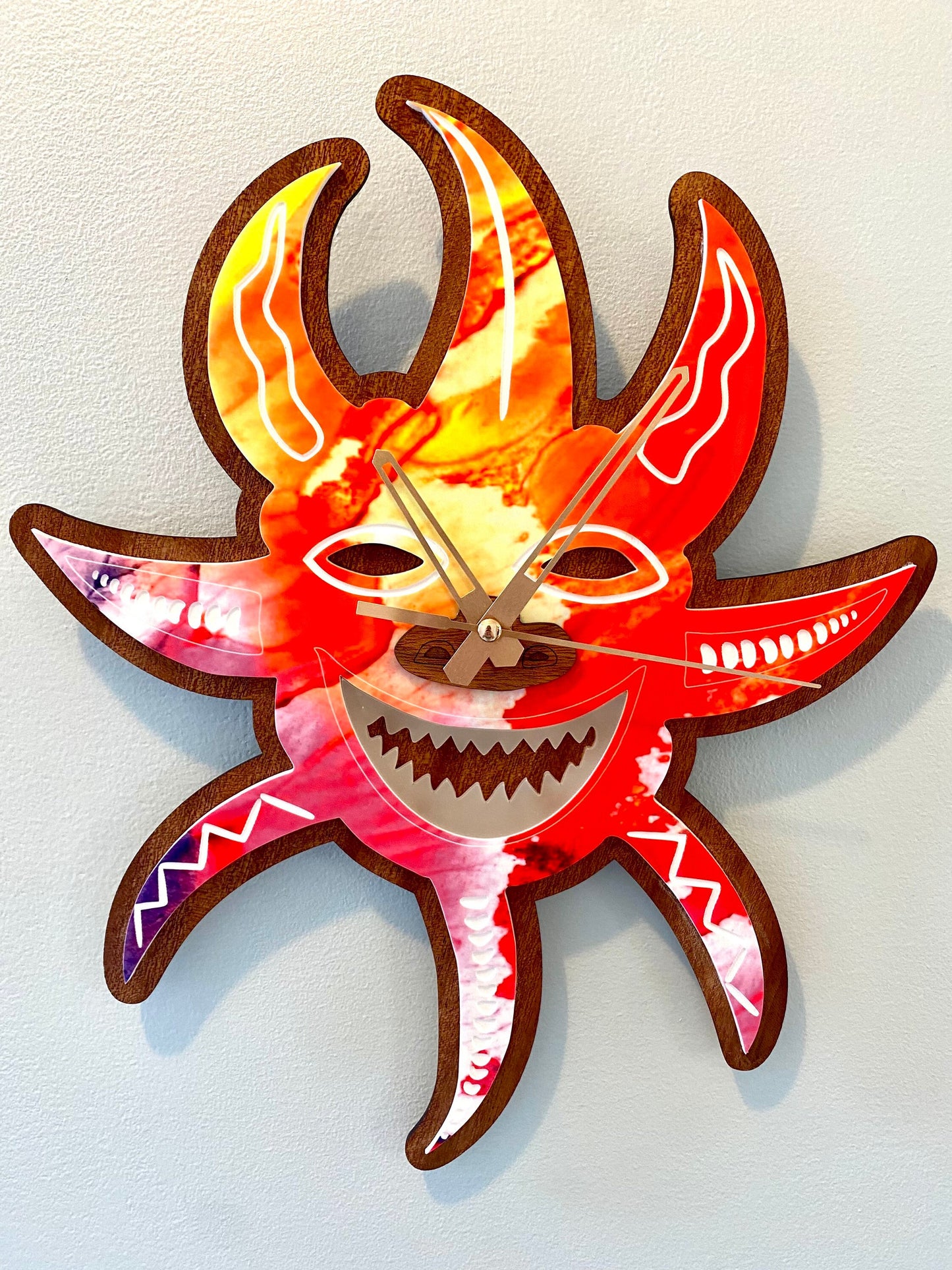 Vejigante Mask Wall Clock: Puerto Rican Art, Sapele Wood, Glow Teeth