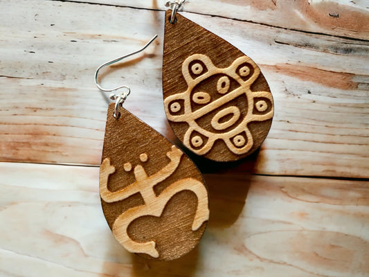 Coqui Taino Sun Wood Earrings: Puerto Rico Tropical Jewelry teardrop shape