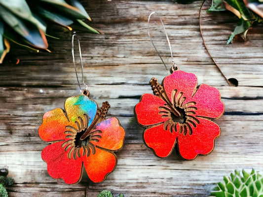 Laser Engraved Hibiscus Wood Earrings: Tropical Flor de Maga Jewelry