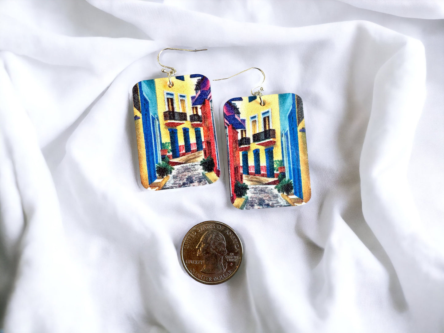 Viejo San Juan statement earrings, Caribbean architecture jewelry, Mothers Day gift for aunt,lightweight statement earrings of original art