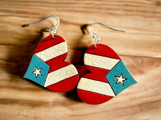 Hand-Painted Puerto Rican Flag Heart Earrings: Boricua Wood Jewelry