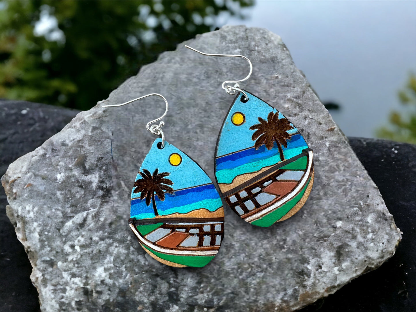 Hand-Painted Yola Earrings: Puerto Rican Beach Scene, Crashboat beach, Hypoallergenic fishing boat Dangles