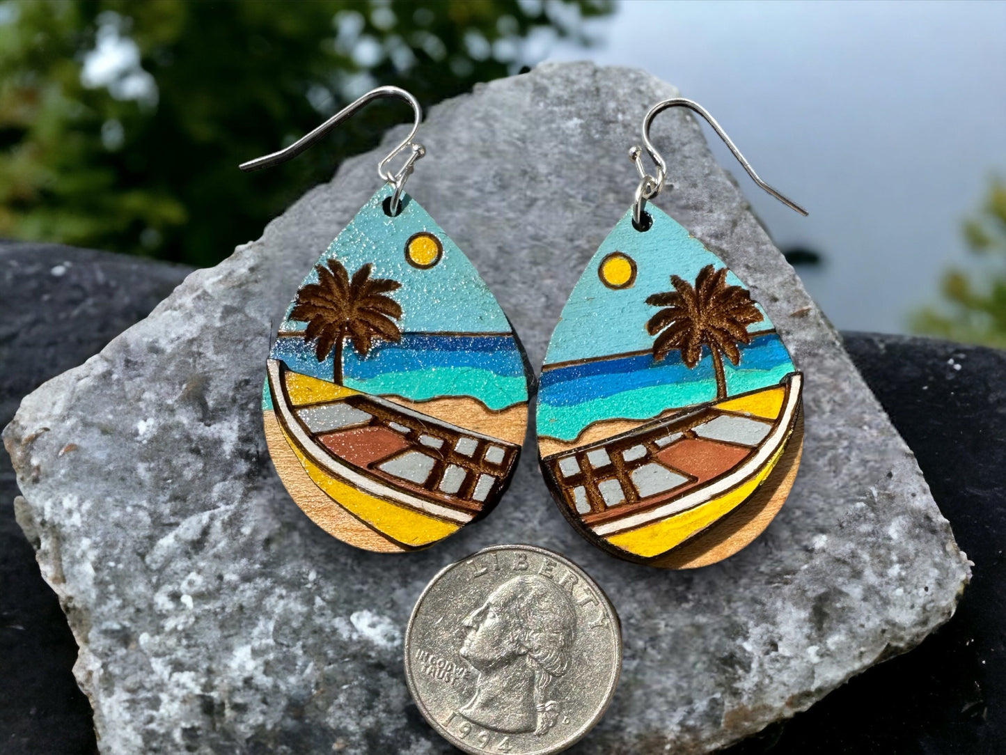 Hand-Painted Yola Earrings: Puerto Rican Beach Scene, Crashboat beach, Hypoallergenic fishing boat Dangles