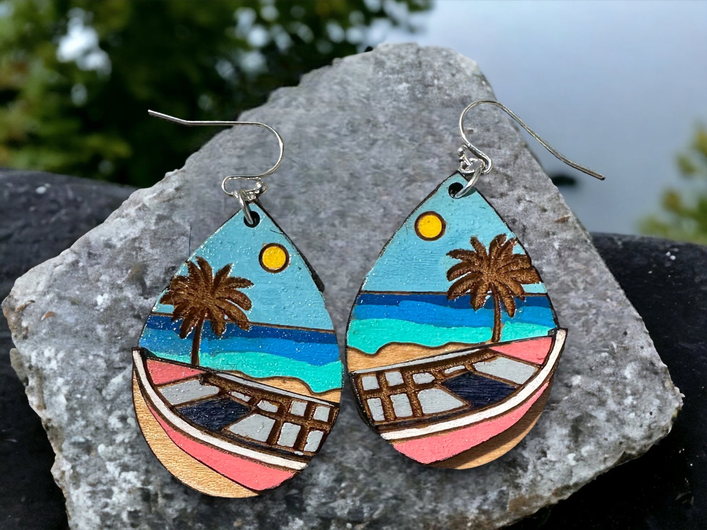 Hand-Painted Yola Earrings: Puerto Rican Beach Scene, Crashboat beach, Hypoallergenic fishing boat Dangles
