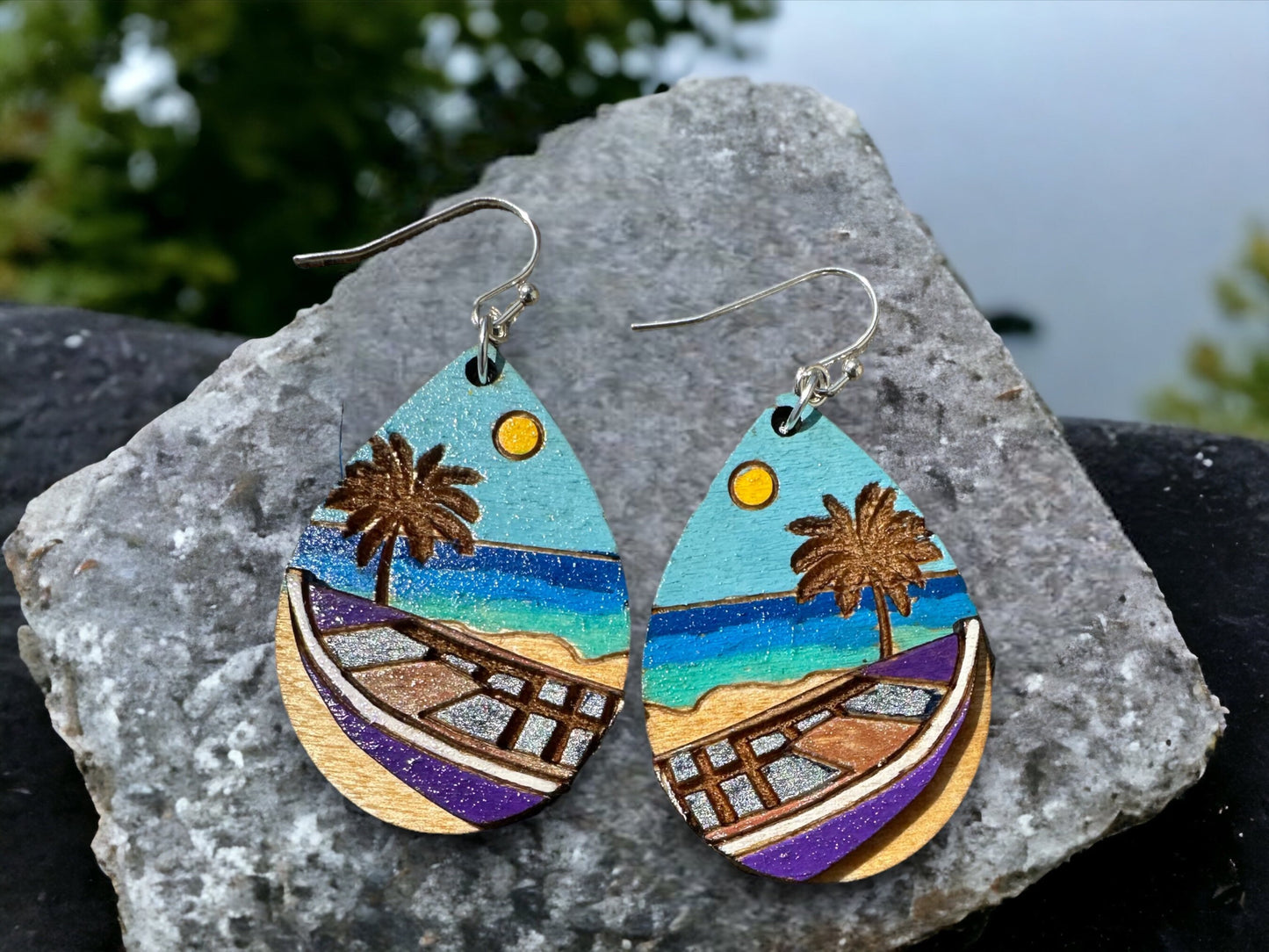 Hand-Painted Yola Earrings: Puerto Rican Beach Scene, Crashboat beach, Hypoallergenic fishing boat Dangles