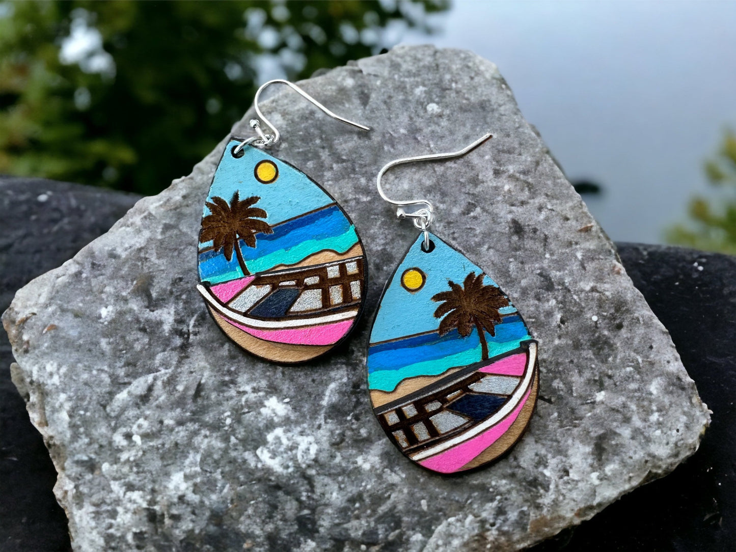 Hand-Painted Yola Earrings: Puerto Rican Beach Scene, Crashboat beach, Hypoallergenic fishing boat Dangles