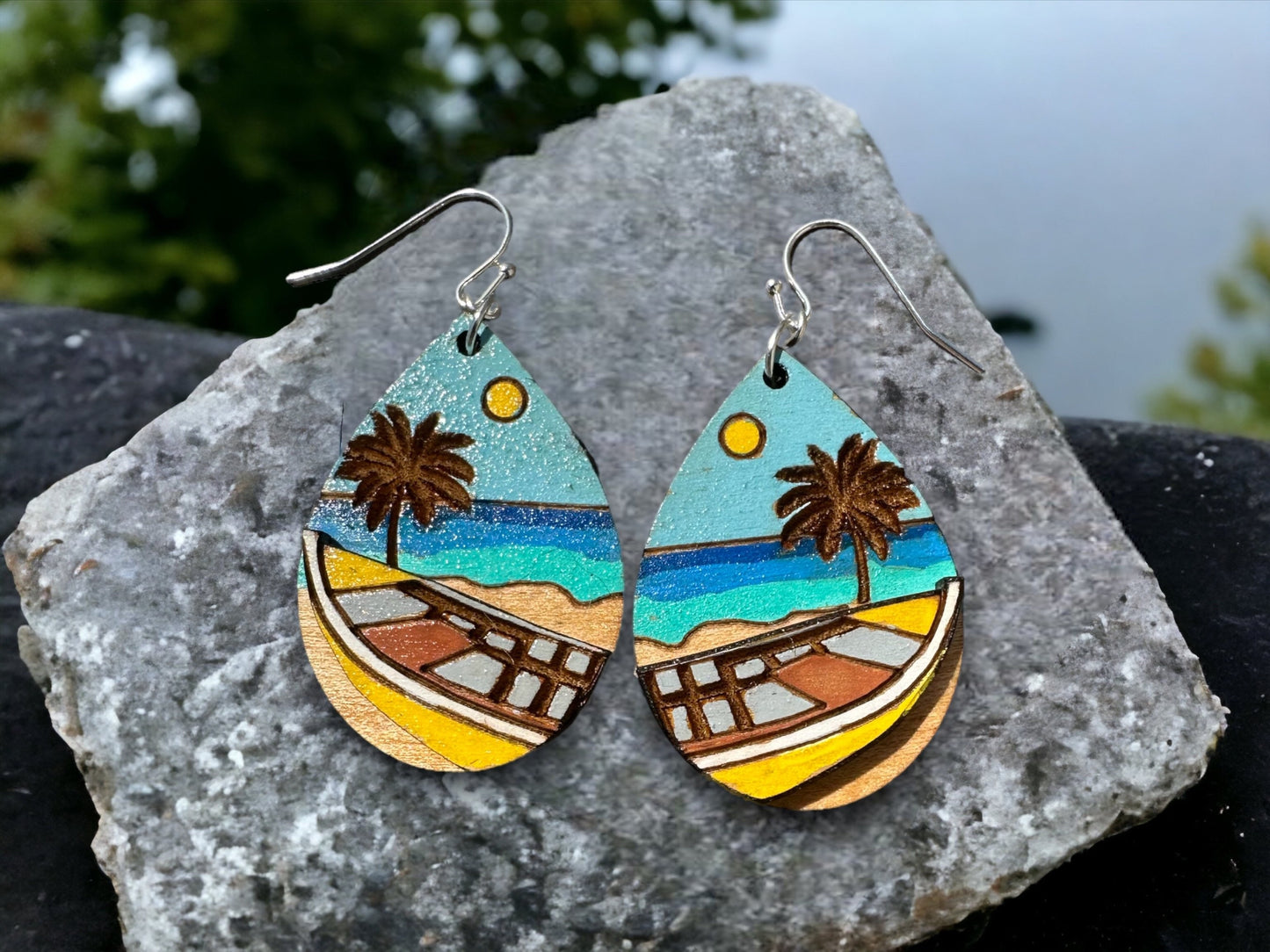 Hand-Painted Yola Earrings: Puerto Rican Beach Scene, Crashboat beach, Hypoallergenic fishing boat Dangles