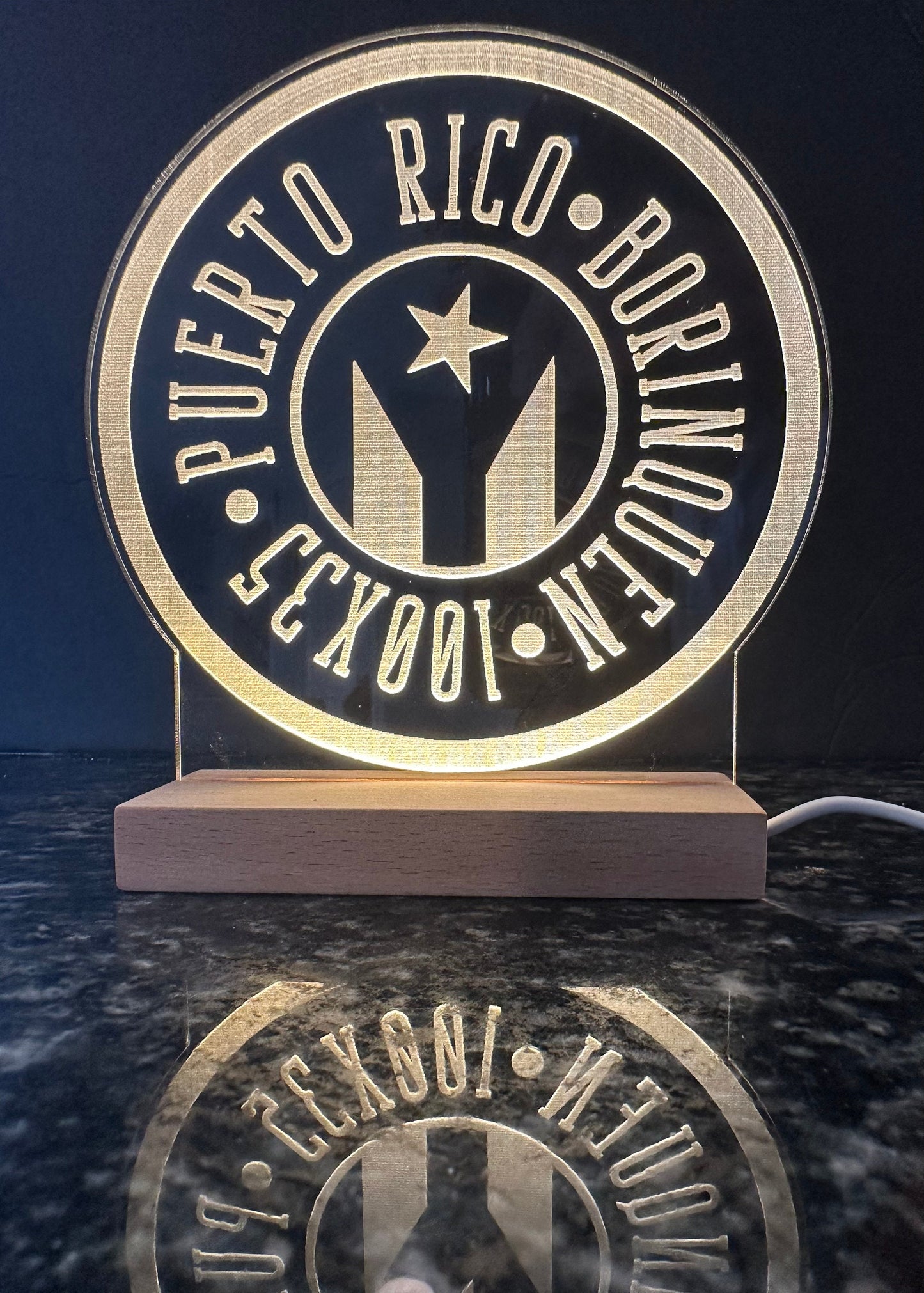 Puerto Rican Flag LED Lamp: Engraved Acrylic Night Light. Desk art