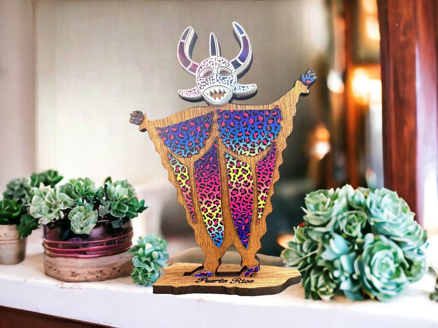 Tiny Vejigante Figurine: Colorful Puerto Rican Carnival wood Statue, shelf sitter, desk art