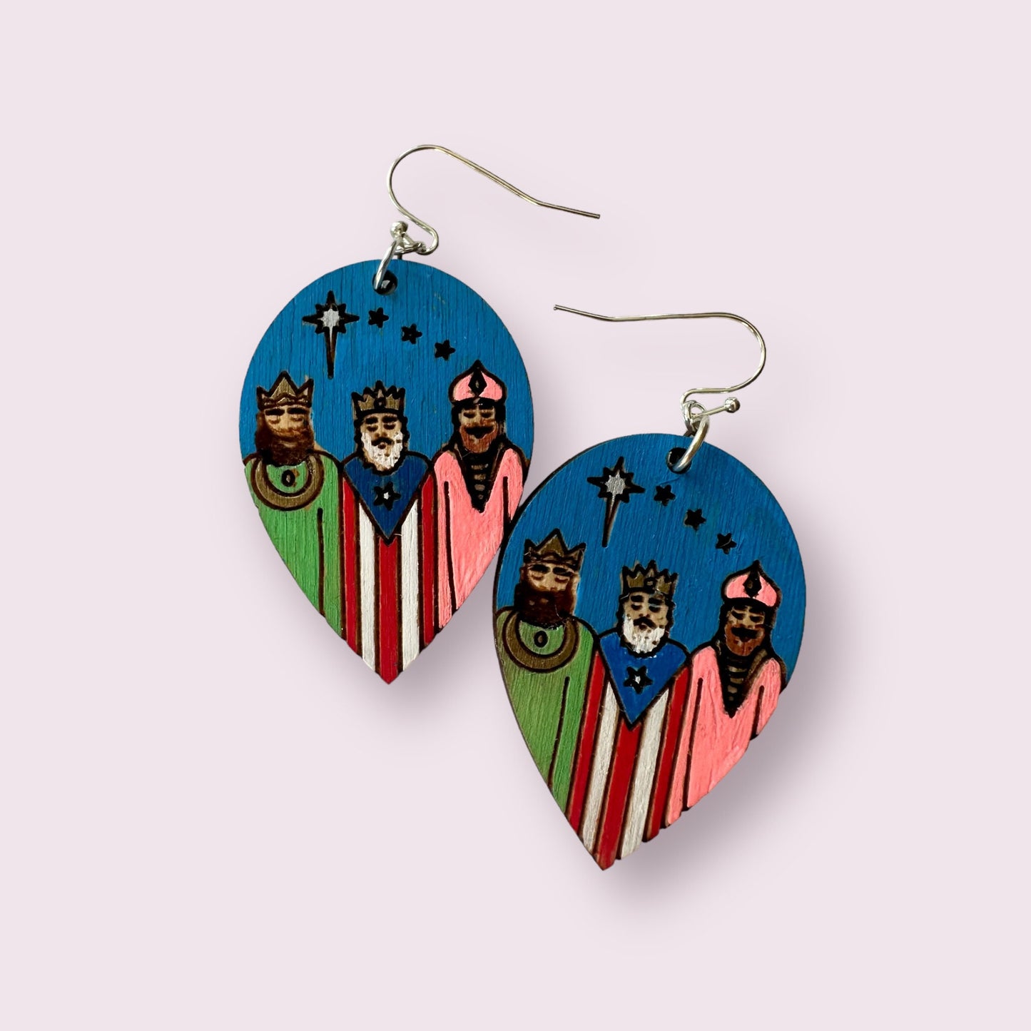 Handpainted Three Kings Earrings: Puerto Rico flag Art, Hypoallergenic Jewelry