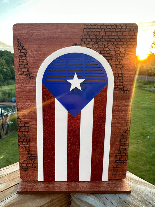 Puerto Rican Flag Desk Sitter: Sapele Wood Calle Jose Art