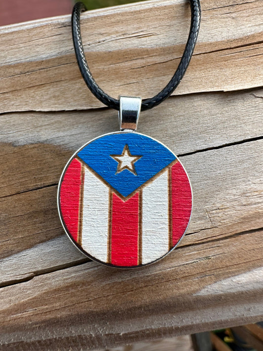Handpainted Puerto Rican Flag Wood Necklace