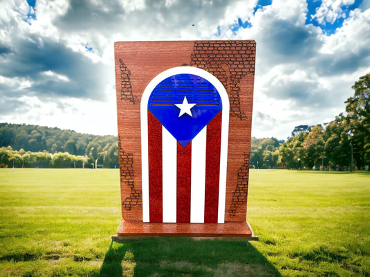 Puerto Rican Flag Desk Sitter: Sapele Wood Calle Jose Art