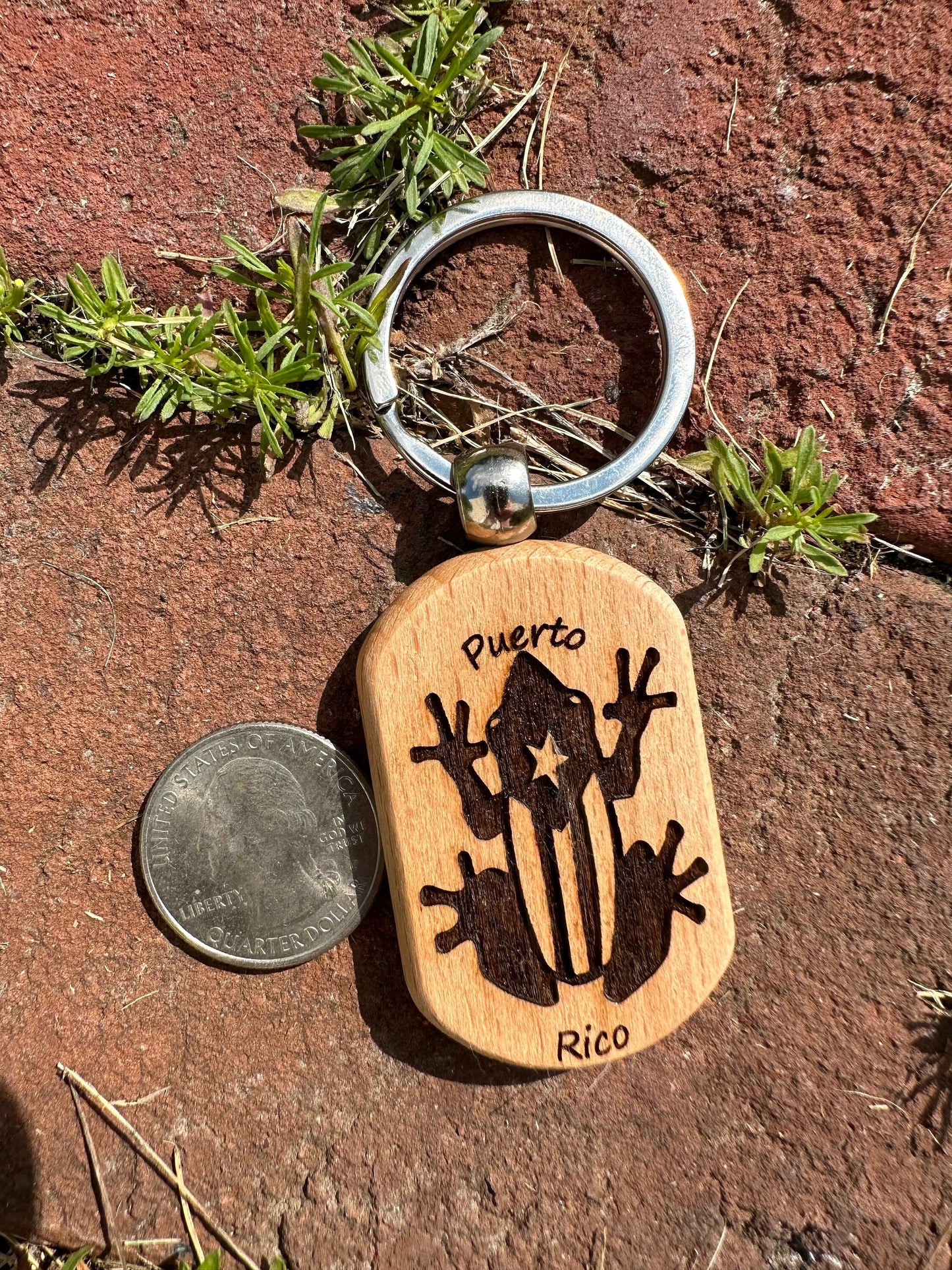 Puerto Rico Coqui Keychain: Engraved Wood Flag Art, Taino Gift