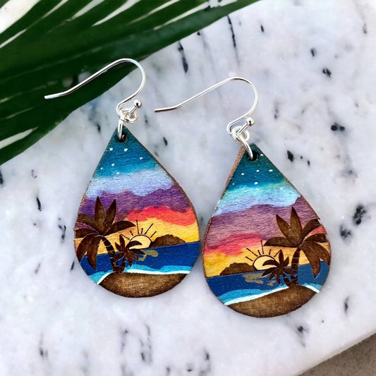 Hand Painted Sunset Earrings: Desecheo Rincon, Puerto Rico Art