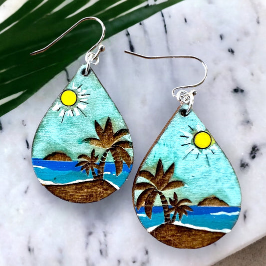 Hand Painted Puerto Rico Earrings: Desecheo Island in the daytime Tropical Dangles