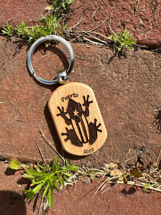 Puerto Rico Coqui Keychain: Engraved Wood Flag Art, Taino Gift