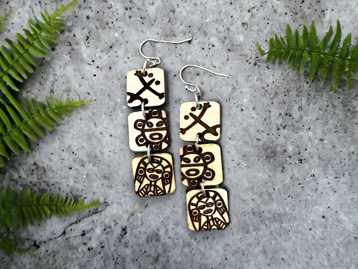 Taino Symbol Wood Earrings: Puerto Rico Art, Coqui Sol Atabey, 3 tiered dangles
