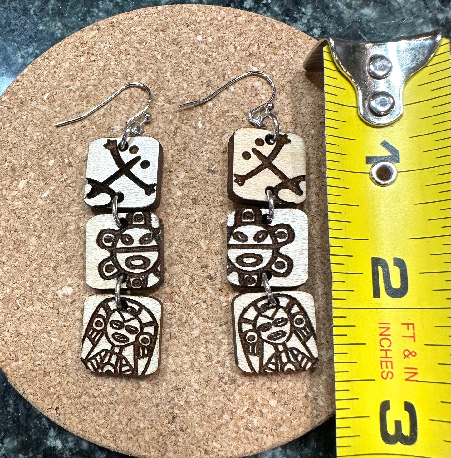 Taino Symbol Wood Earrings: Puerto Rico Art, Coqui Sol Atabey, 3 tiered dangles
