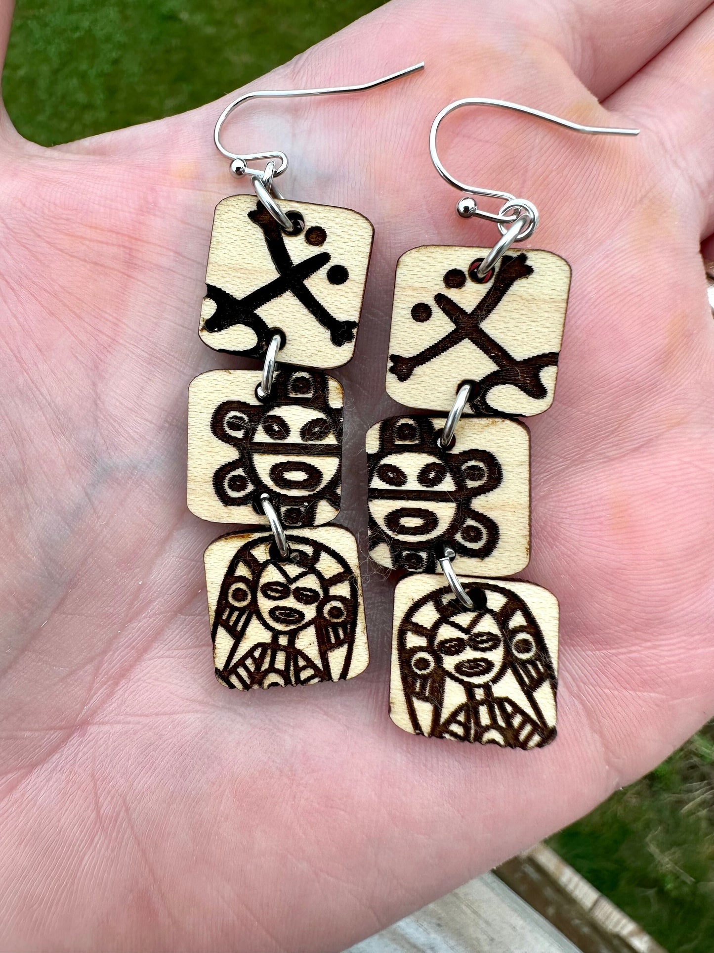 Taino Symbol Wood Earrings: Puerto Rico Art, Coqui Sol Atabey, 3 tiered dangles