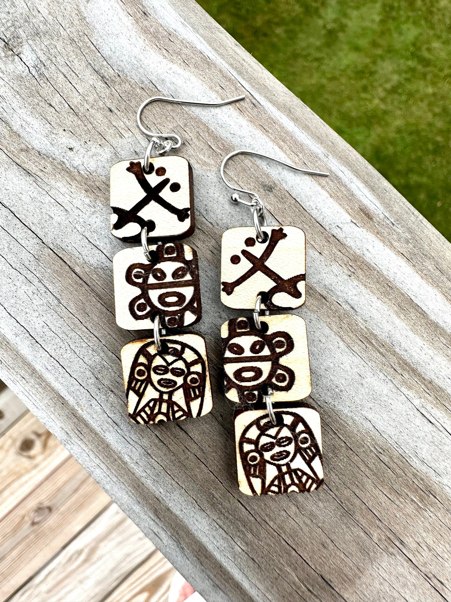 Taino Symbol Wood Earrings: Puerto Rico Art, Coqui Sol Atabey, 3 tiered dangles