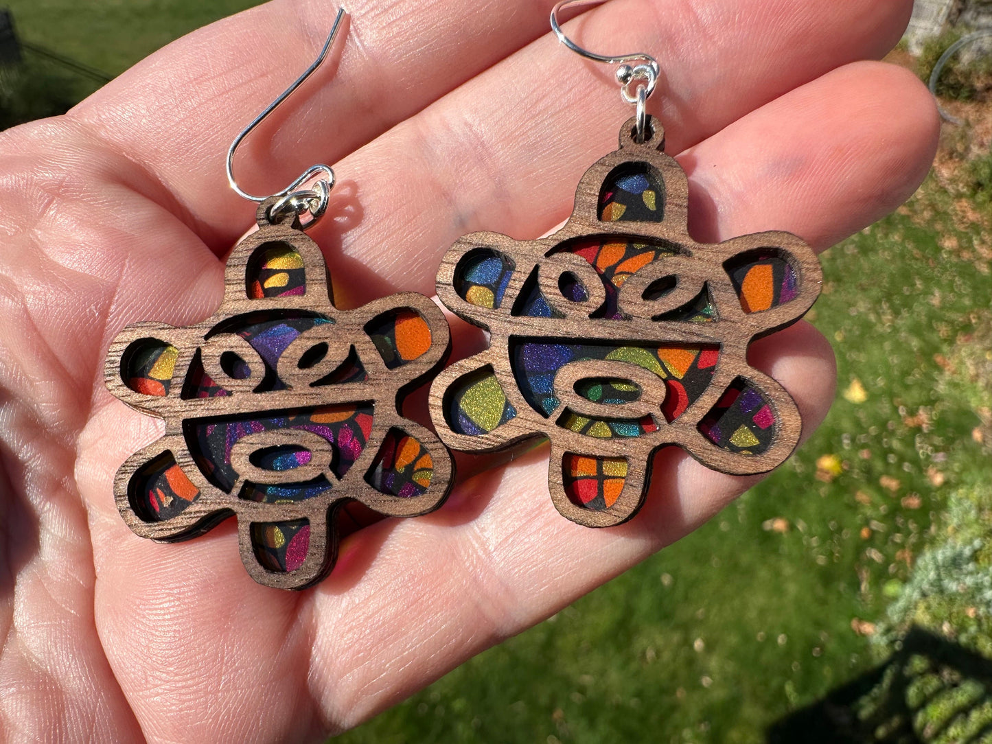 Taino Sol Wooden Earrings: Colorful Stained Glass Look, Puerto Rican Art, suncatcher jewelry