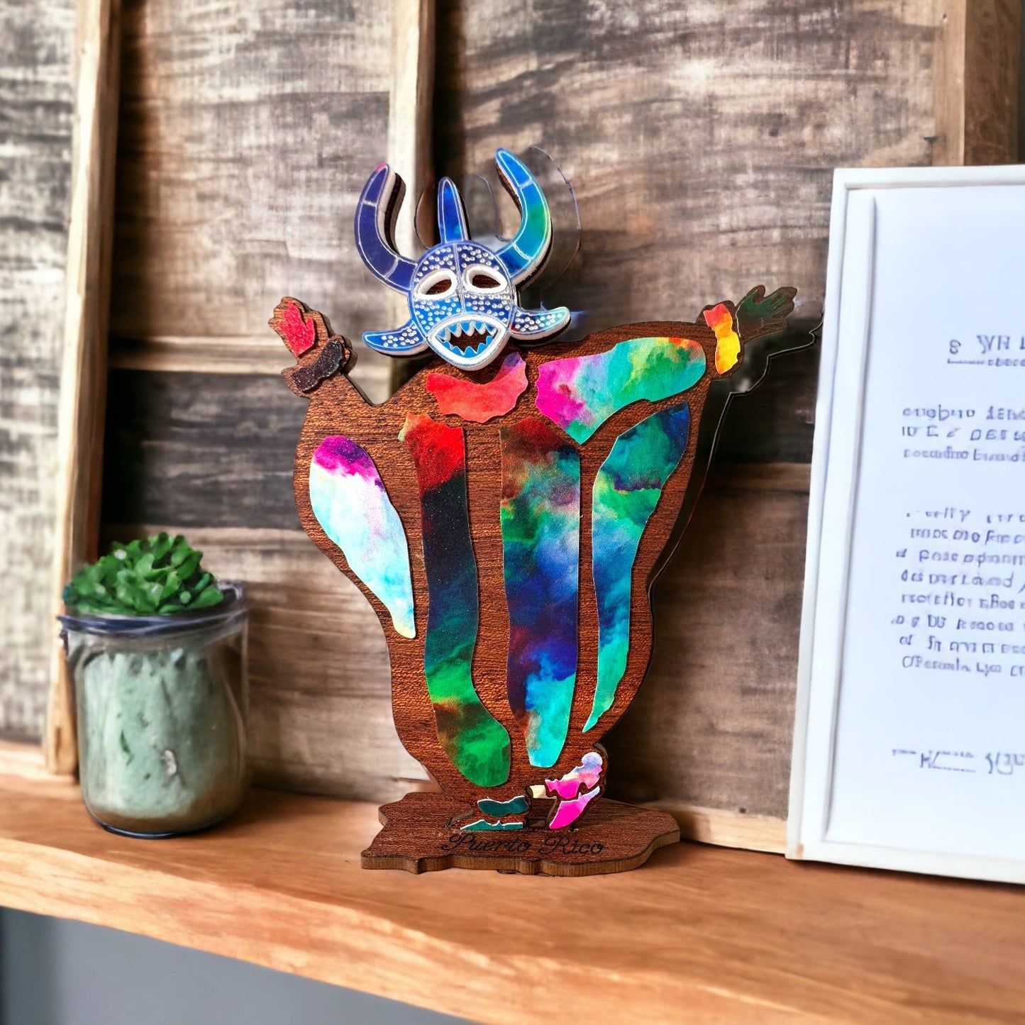 Colorful Vejigante wood figurine Desk Decor: Puerto Rican Art