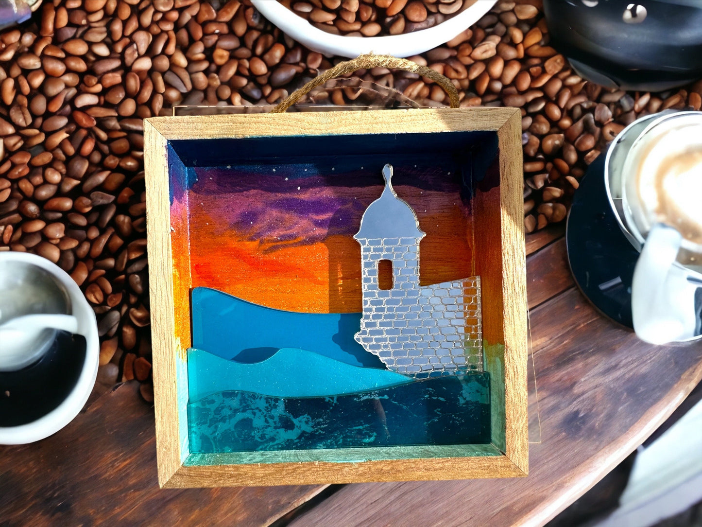 El Morro Art: Handmade Puerto Rico Sunset Painting with ocean acrylic layers, Tropical Wall Decor