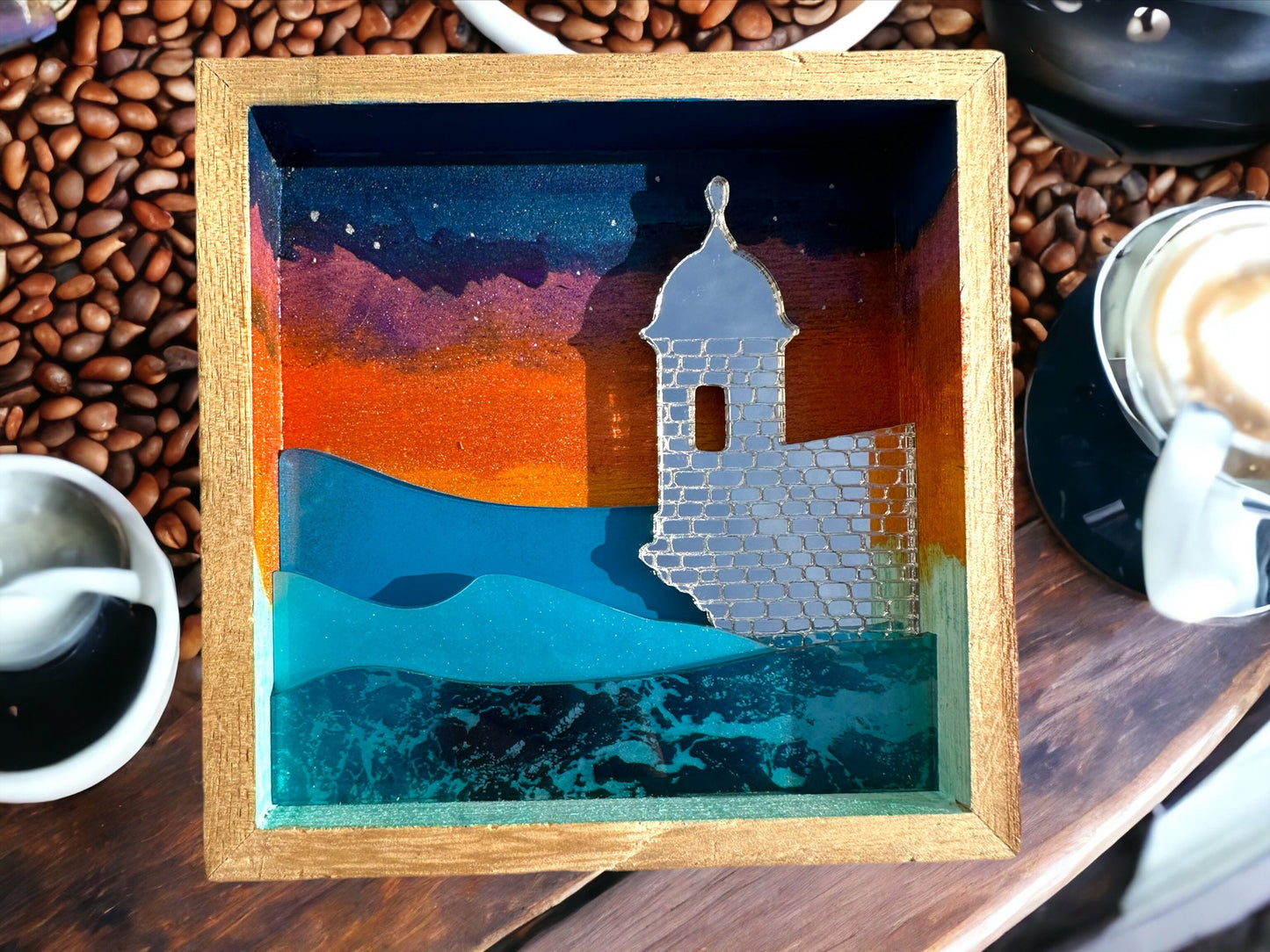 El Morro Art: Handmade Puerto Rico Sunset Painting with ocean acrylic layers, Tropical Wall Decor