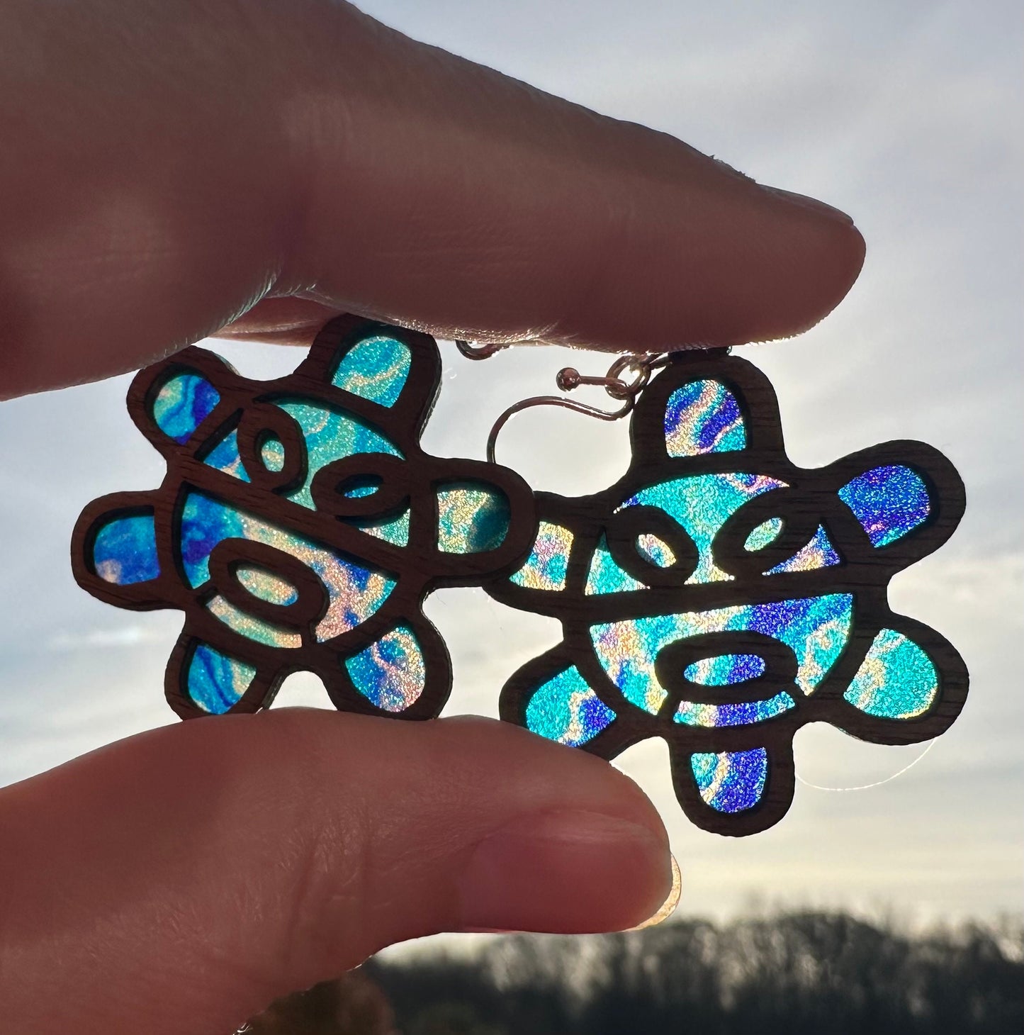 Taino Sol Wooden Earrings: Colorful Stained Glass Look, Puerto Rican Art, suncatcher jewelry