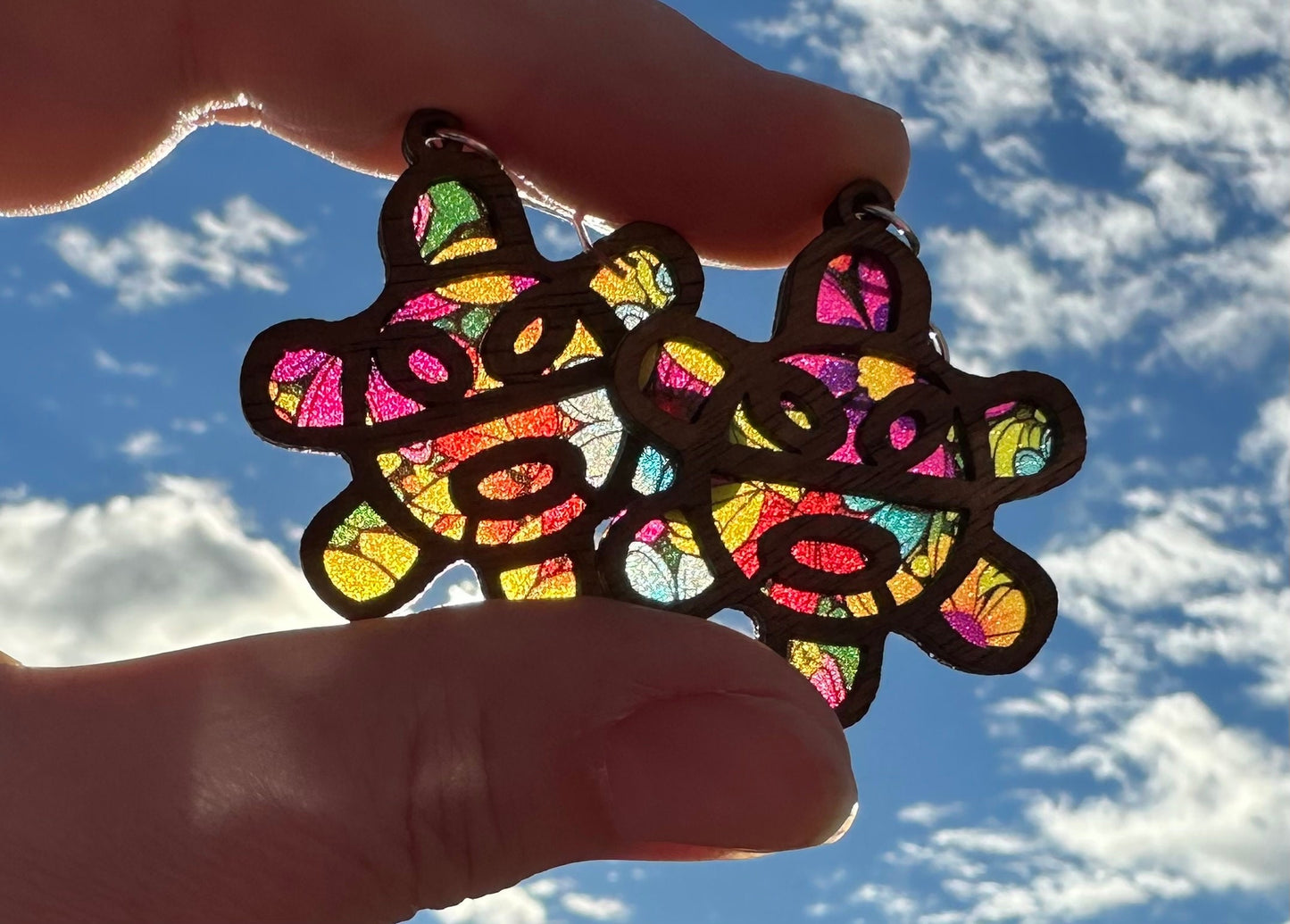 Taino Sol Wooden Earrings: Colorful Stained Glass Look, Puerto Rican Art, suncatcher jewelry