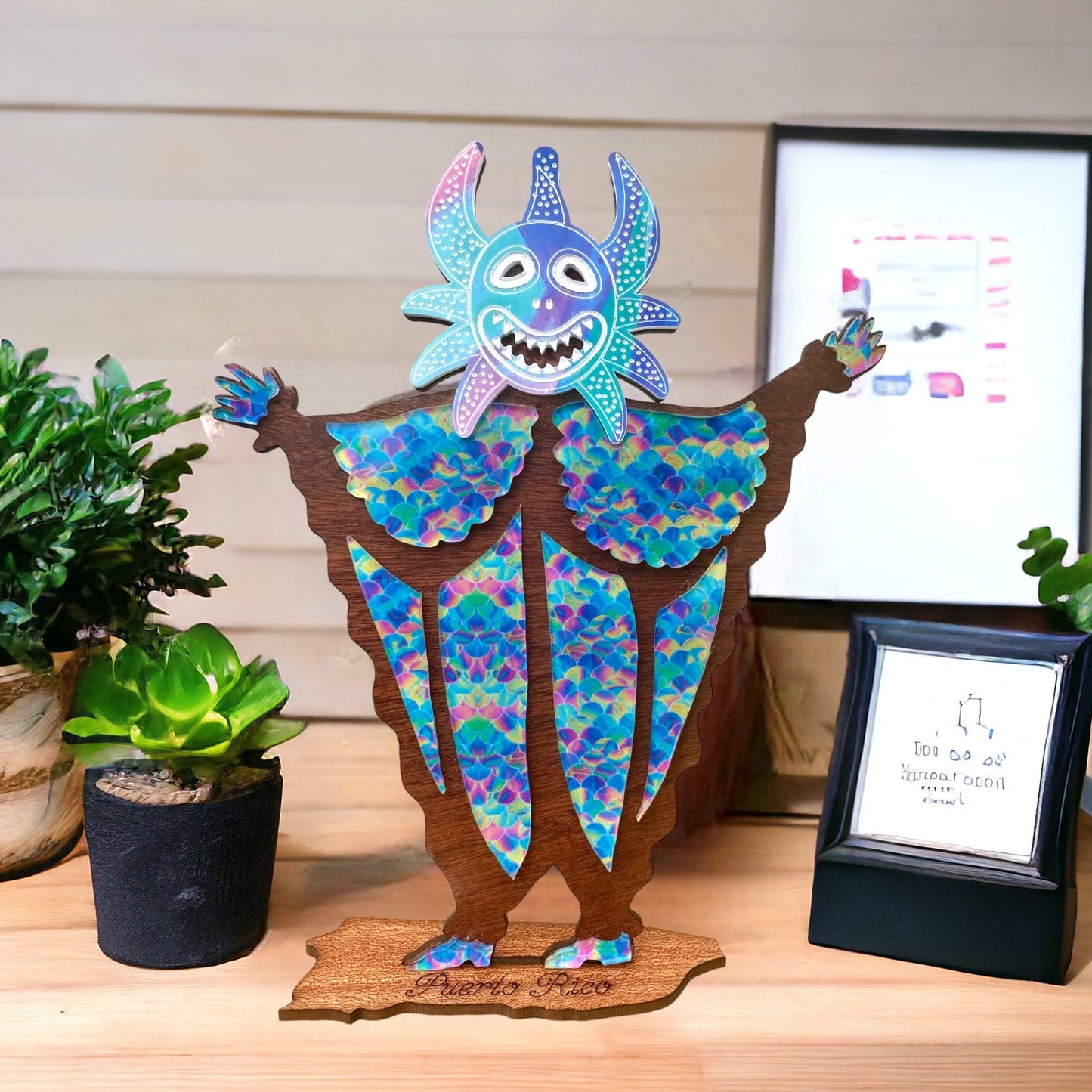 Colorful Vejigante carnival mask wood statue for desk or shelf, Puerto Rico art, house warming gift for Puerto Rican, homesick Puerto Rico