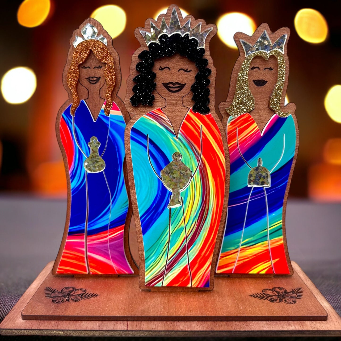 Three Queens Statue, Feminine Three Kings Nativity Set, Puerto Rican Christmas Decor, Handmade Wood and Acrylic Religious Art desk sitter