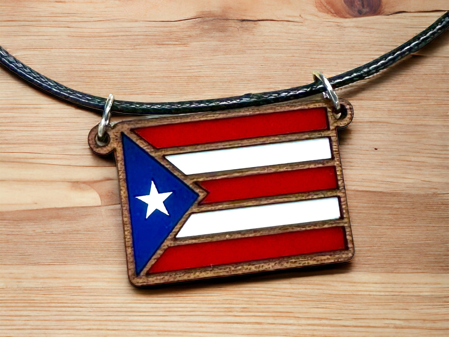 Puerto Rican Flag Pendant: Layered Wood & Acrylic Boricua Necklace
