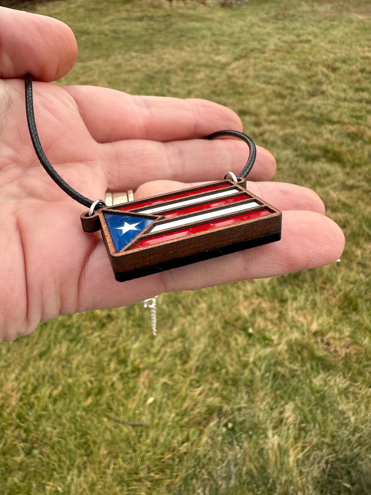Puerto Rican Flag Pendant: Layered Wood & Acrylic Boricua Necklace