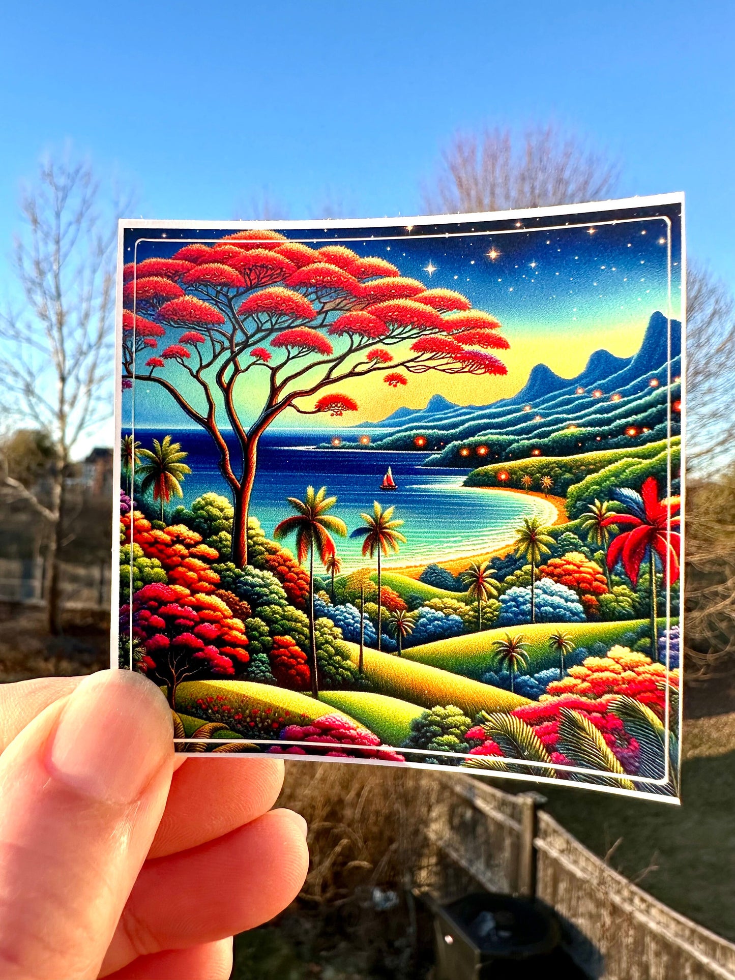 Puerto Rico Beach Sticker: Flamboyan Tree, Ocean Sailboat Vinyl Decal