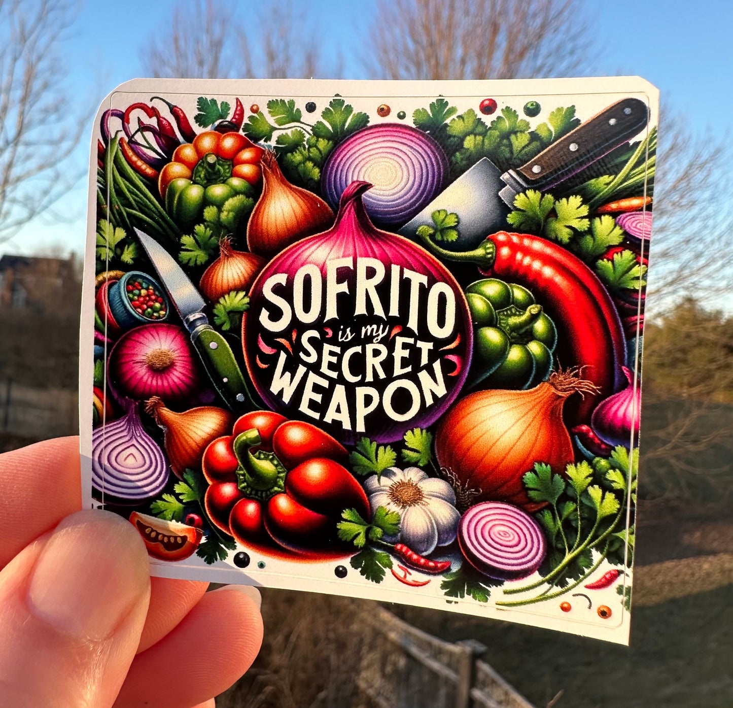Sofrito secret weapon Water Bottle sticker water UV resistant, Puerto Rico christmas vinyl decal, birthday gift, laptop decoration, Reyes