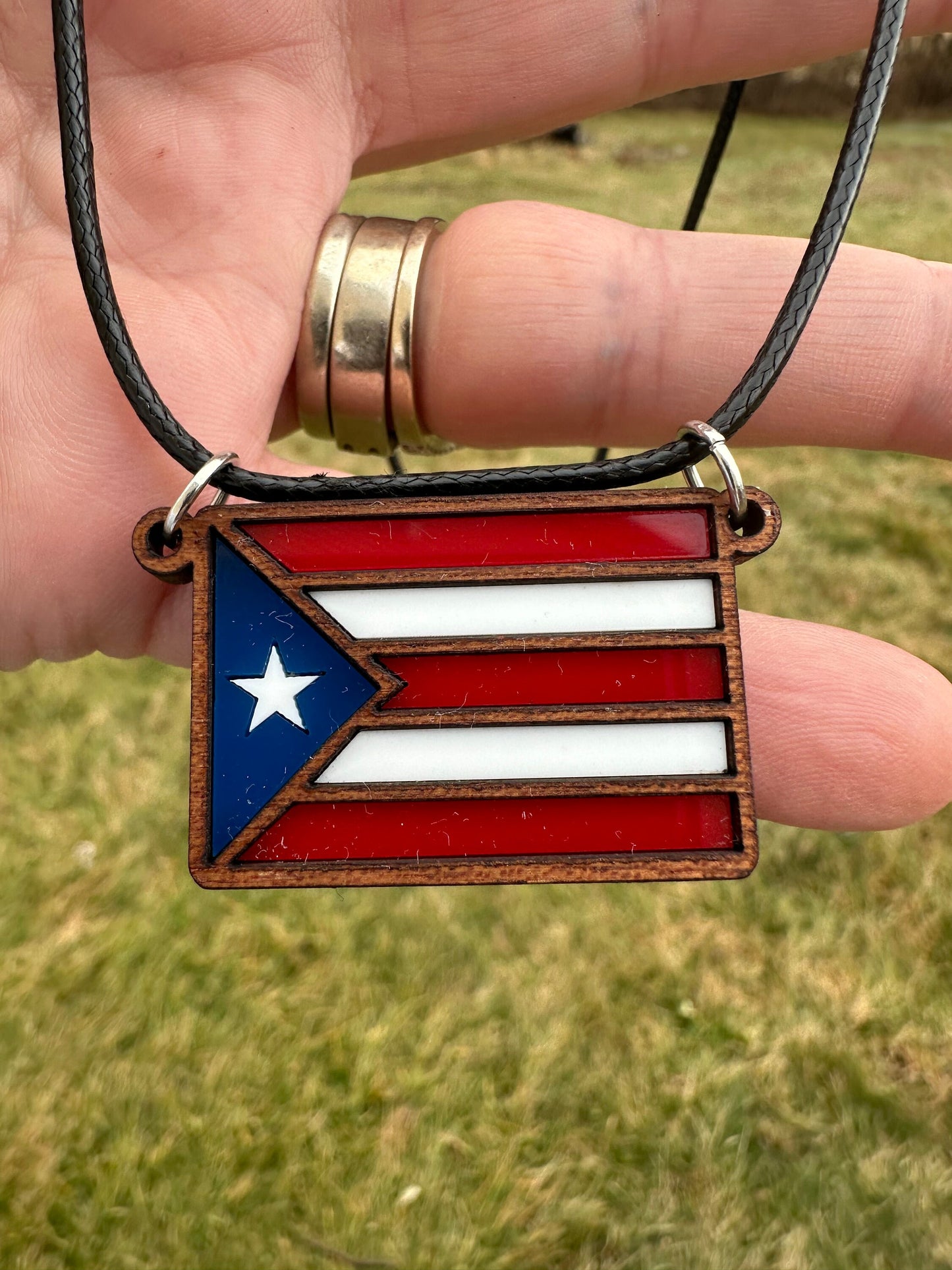 Puerto Rican Flag Pendant: Layered Wood & Acrylic Boricua Necklace