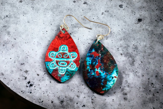 Taino Coqui engraved Earrings: Copper Turquoise Look