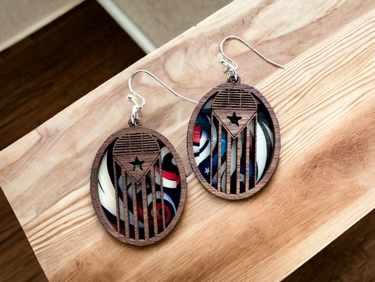 Puerto Rico Flag Earrings: Walnut Wood Old San Juan albizu campos Door Design, stained glass look