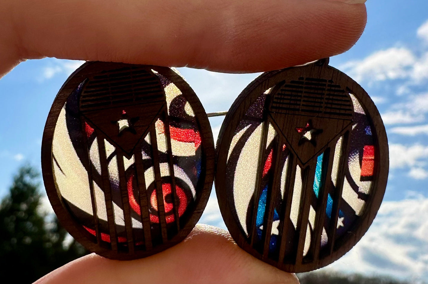 Puerto Rico Flag Earrings: Walnut Wood Old San Juan albizu campos Door Design, stained glass look