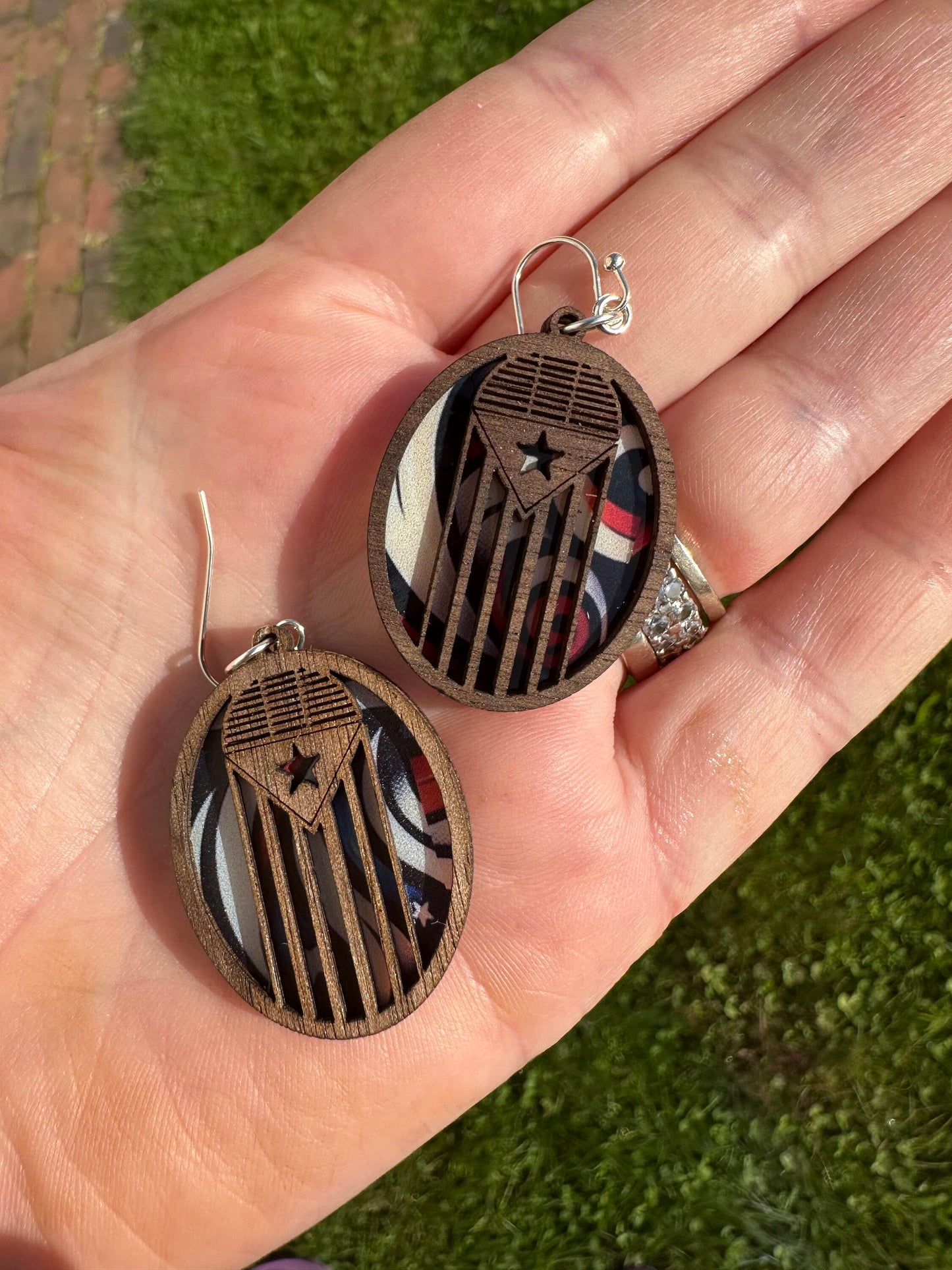 Puerto Rico Flag Earrings: Walnut Wood Old San Juan albizu campos Door Design, stained glass look
