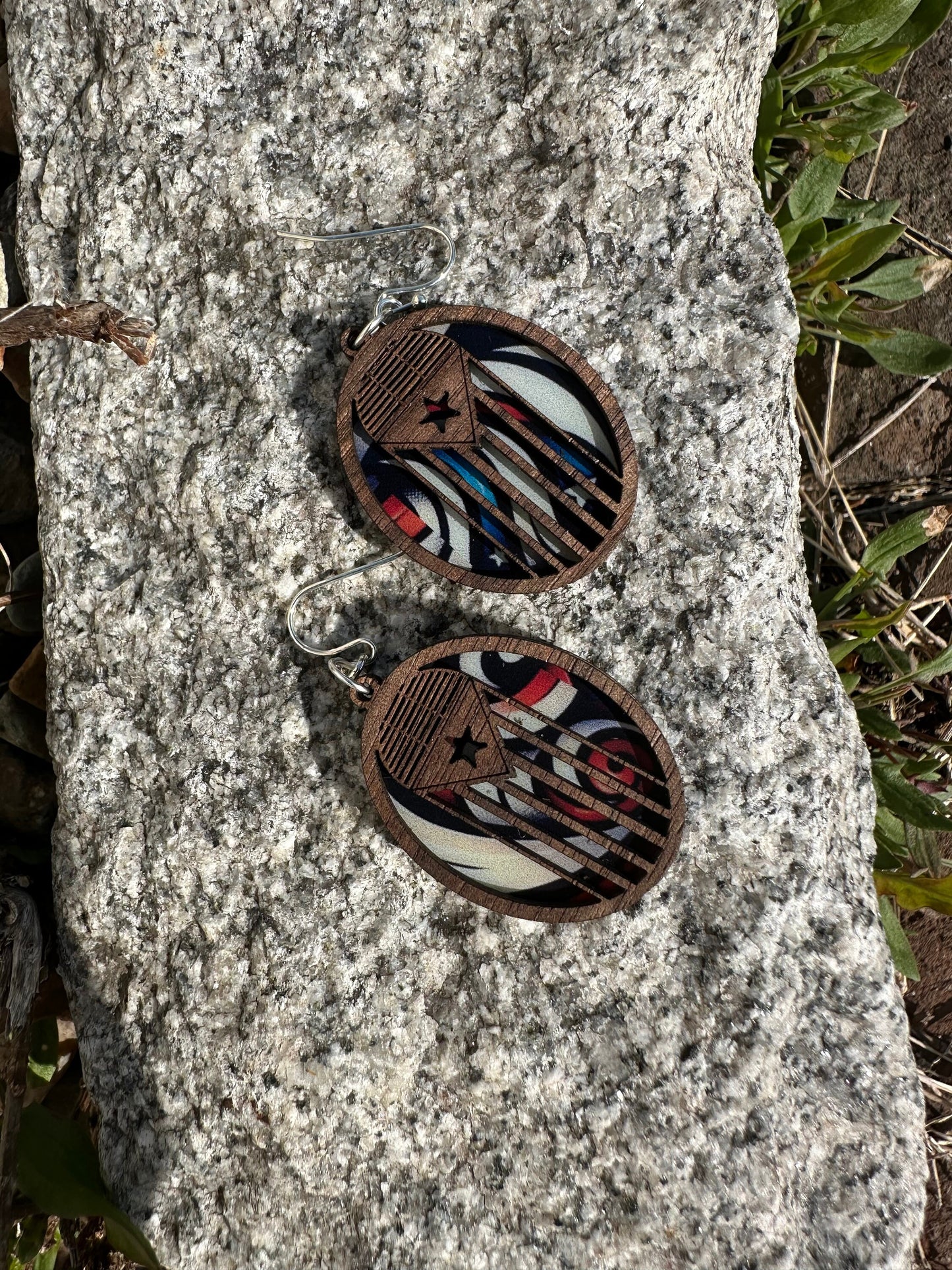 Puerto Rico Flag Earrings: Walnut Wood Old San Juan albizu campos Door Design, stained glass look