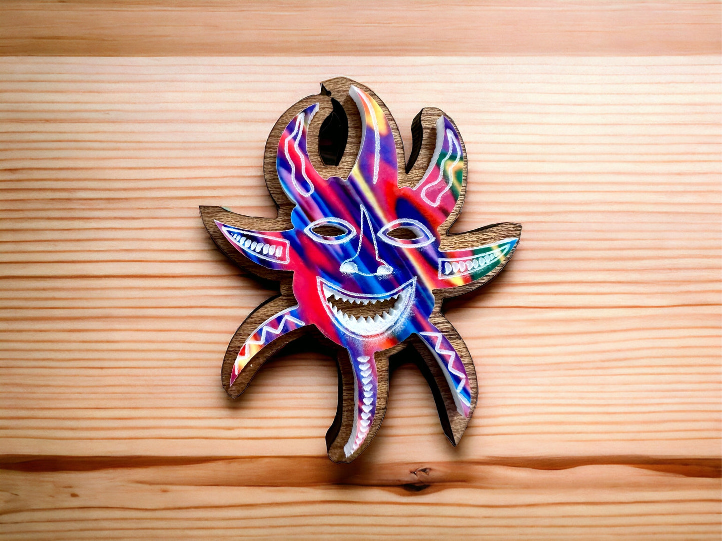 Handmade Vejigante wood and acrylic Magnet: Colorful Puerto Rico Carnival Mask Art