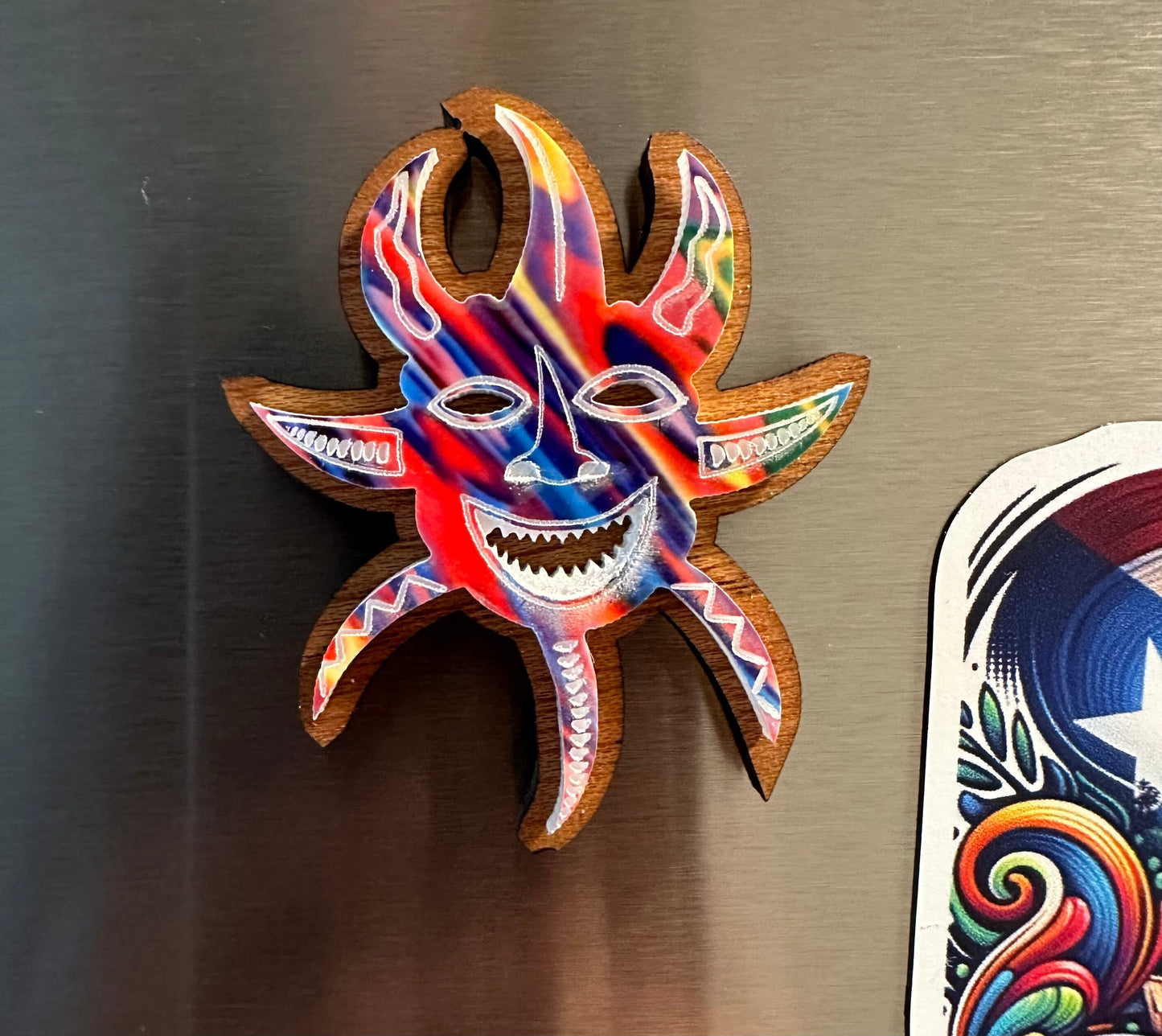 Handmade Vejigante wood and acrylic Magnet: Colorful Puerto Rico Carnival Mask Art