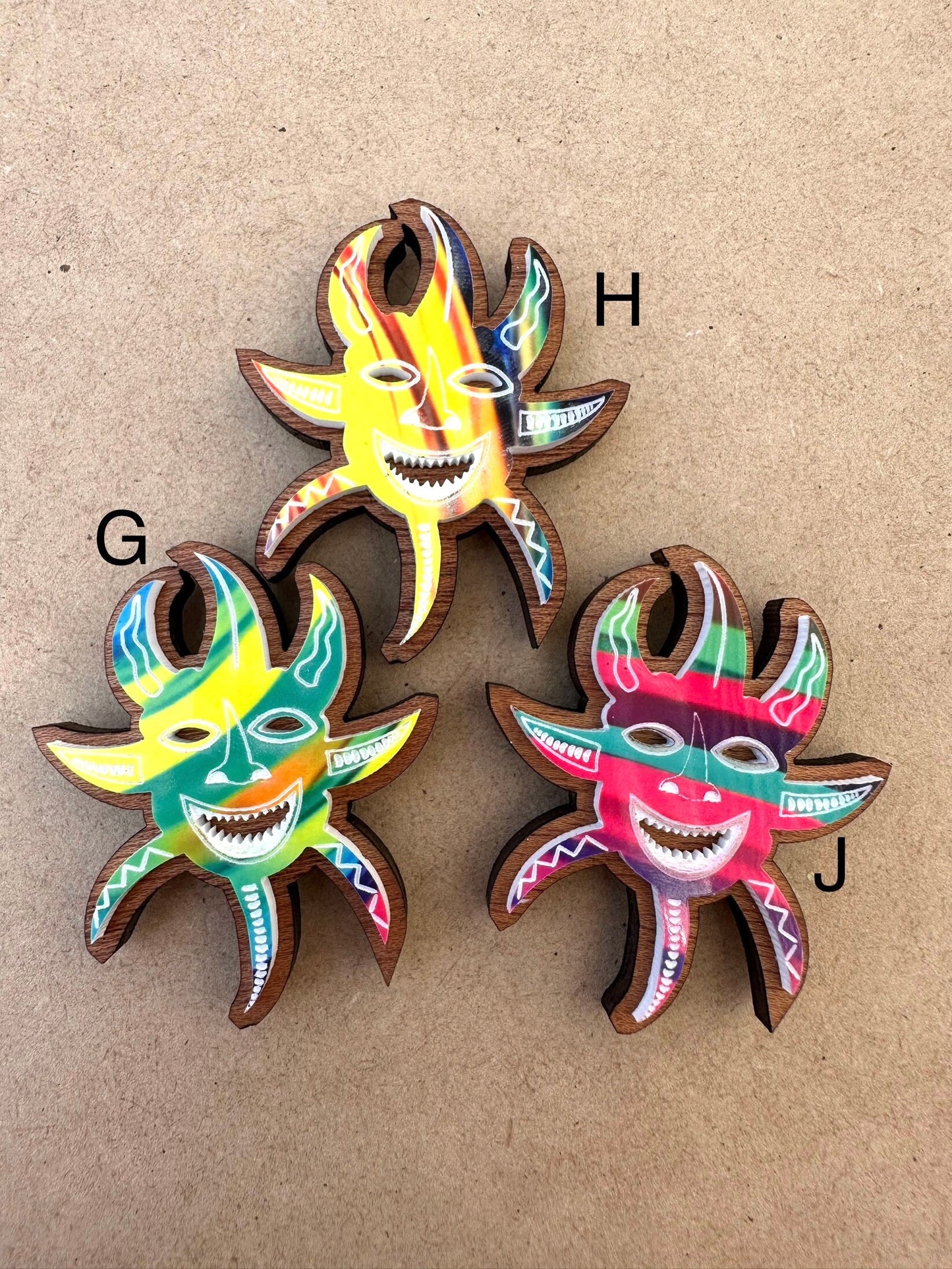 Handmade Vejigante wood and acrylic Magnet: Colorful Puerto Rico Carnival Mask Art