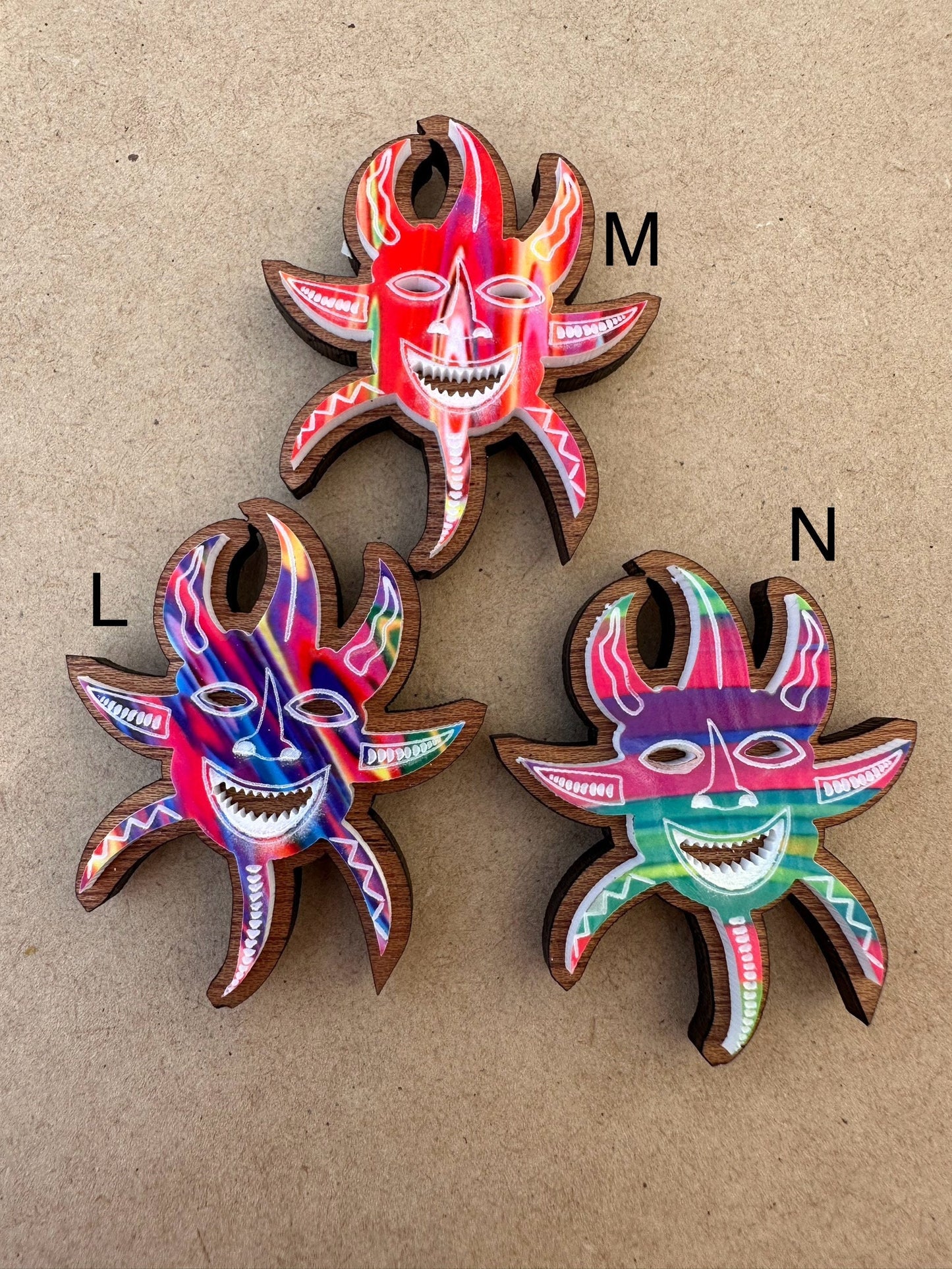 Handmade Vejigante wood and acrylic Magnet: Colorful Puerto Rico Carnival Mask Art